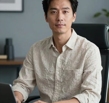 A professional lifestyle portrait of a person in a soft ivory linen shirt, sitting at a desk with deep charcoal accents. The background is a clean, modern home office with soft blue-grey walls.