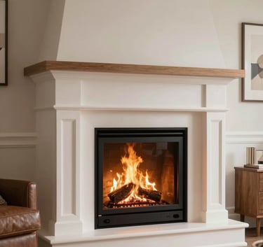 A well-maintained fireplace with a soft, glowing fire inside a modern North American / US home. The room is decorated with warm brown furniture and soft off-white textiles. The atmosphere is trustworthy and clean. Professional photography.