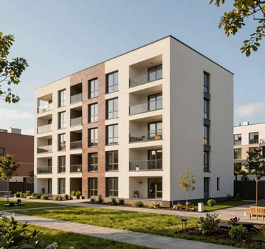 A beautiful new residential building in Poland with modern architecture and green spaces around, sunny daylight, warm cozy mood representing a dream home funded by a secure mortgage, professional architectural photography.