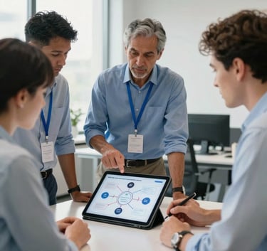 A professional collaborative scene showing experts from public and private sectors discussing a strategic roadmap over a digital tablet in a bright, off-white office space with steel blue decor.