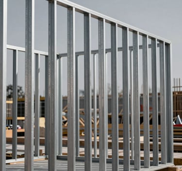 Detailed view of professional steel framing on a Canadian construction site, showing precise alignment and clean metal structures against a grey background, industrial minimalist style.