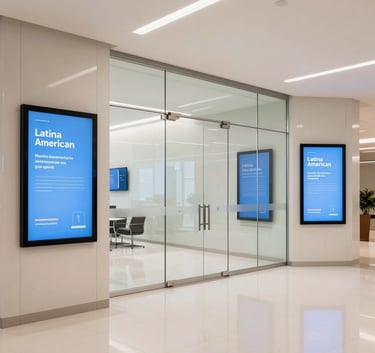 A bright and airy corporate lobby in a Latin American / Spanish business center, featuring digital signage and smart glass walls, clean minimalist composition, off-white and sky blue accents.