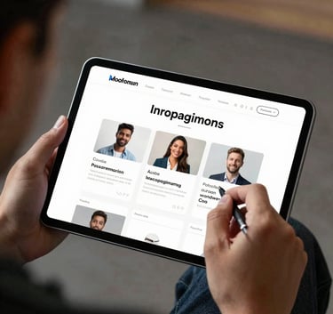 An over-the-shoulder shot of a person using a tablet to navigate a sleek, responsive website in a professional North American tech setting. The composition emphasizes a clean, user-centric interface and the high-performance feel of the technology.