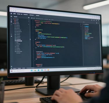 A close-up photograph of a professional web developer working on a large high-resolution monitor in a contemporary North American workspace. The screen displays organized lines of clean code. The lighting is crisp and modern, featuring deep navy and soft gray tones.