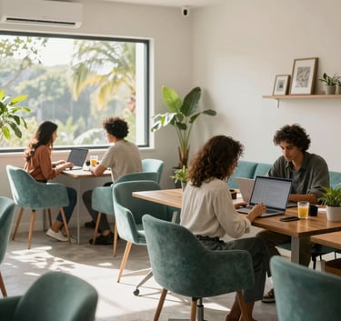 A bright and airy South American / Brazilian coworking space with diverse professionals working, muted ocean teal furniture, natural morning light.