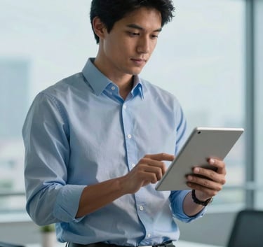 A professional South American / Brazilian businessman in a modern office looking at a tablet, soft sky blue and pale ice blue lighting, clean and efficient atmosphere.