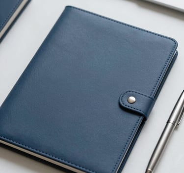 A clean, high-angle shot of a desk with a professional leather folder and a silver pen, emphasizing administrative precision and trust, with a color palette of #0A192F and #8CA0B8.