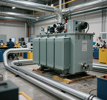 A wide shot of a professionally organized commercial electrical installation with metallic conduits and a large transformer in a modern industrial setting in North American / Canadian (British Columbia).