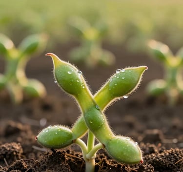 Detailed close-up shot of vibrant green soybean sprouts emerging from rich dark earth on a South American Brazilian farm, warm sunlight highlighting dew drops, modern sustainable agriculture style, soft focus background.