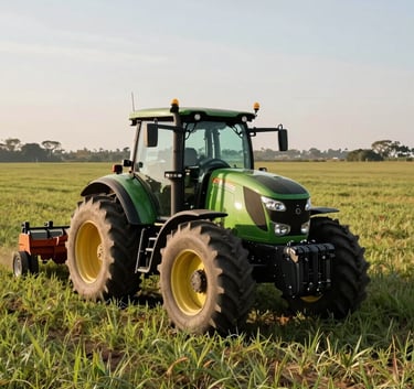 A high-tech green tractor operating in a vast fertile field in the South American Brazilian countryside during a clear morning, professional photography, natural sunlight, olive green and light green tones, modern agriculture equipment in action.
