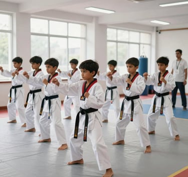 A group of South Asian children in white uniforms practicing Taekwondo punches in unison. They are in a bright, modern training hall in Delhi with large windows. A professional instructor stands in the background. The lighting is bright and sporty.