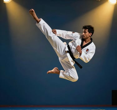 Dynamic action shot of a professional South Asian male Taekwondo master in a mid-air jump kick. He is wearing a white uniform with a black belt, set against a premium dark blue gym background with dramatic yellow spotlighting. The atmosphere is energetic and professional.