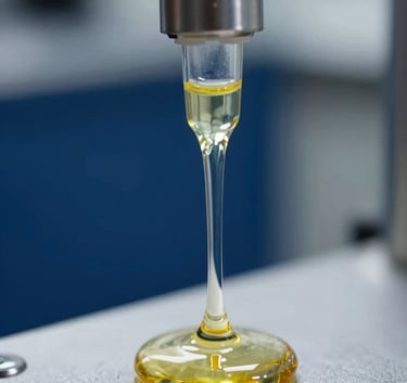 Fotografía macro de ultra alta resolución que captura el análisis de viscosidad de un lubricante 