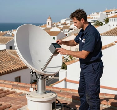 A skilled technician in a professional navy blue uniform adjusting a modern digital satellite dish on a rooftop with traditional Spanish terracotta tiles. Bright daylight, view of a coastal town in the Spanish / Iberian Peninsula.