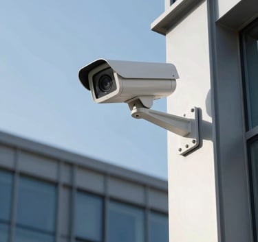 A professional architectural shot of a sleek, white security camera mounted on the corner of a modern steel and glass building in the Spanish / Iberian Peninsula. Clear blue sky in the background, sharp focus, morning light.
