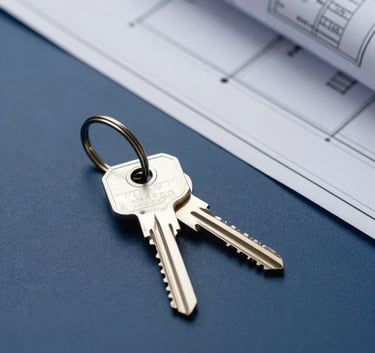 A clean, minimalist composition featuring a set of keys with a silver keychain next to a professional blueprint, shot from above on a dark blue #1A2C3D surface with sharp focus and professional studio lighting.