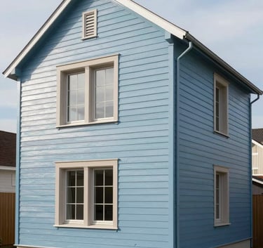A wide shot of a modern European / French house with newly installed siding and fresh painting. The property looks clean and well-maintained. The color palette includes light steel blue and beige accents.
