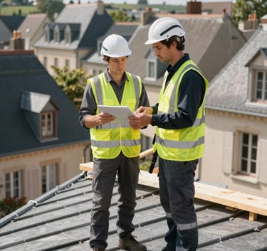 A professional construction expert in safety gear inspecting a rooftop in a European / French village. Bright daylight, architectural focus, incorporating colors like dark slate grey and beige.