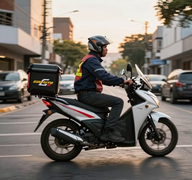 A dynamic shot of a modern delivery motorcycle with a branded storage box weaving through a busy but clean South American urban street during golden hour. Motion blur on the wheels, focused on the rider's professional attire, vibrant lighting.