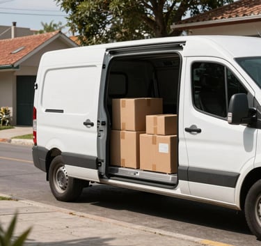 A clean, white modern delivery van parked on a paved South American suburban street, with the back doors open revealing organized packages. The lighting is bright and professional, projecting reliability.