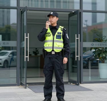 A top-down, clean photography shot of a professional security tablet and two-way radio on a dark gray desk, representing high-tech vigilance and readiness in a North American professional setting.