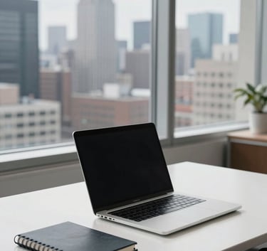 A clean, bright North American executive office with a laptop on a white desk, a professional notebook, and a view of a city skyline through the window, emphasizing corporate success.