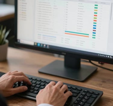 A close-up of a professional in business attire in a North American setting, hands on a sleek keyboard, focused on a high-end monitor displaying a clean data dashboard.