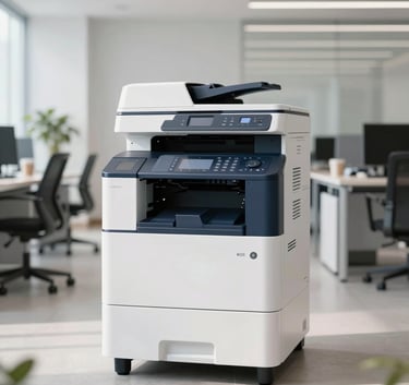 A large, high-end white and dark blue multifunctional printer standing in a bright, modern corporate office in Latin America, clean lines, professional atmosphere, natural lighting.