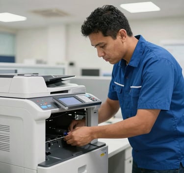 A professional Latin American service engineer in a neat blue uniform inspecting the interior of a large office copier, bright indoor lighting, modern professional setting.