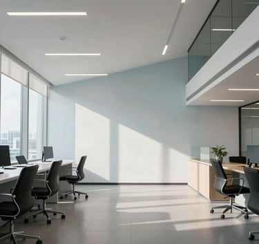 A bright, modern South American corporate office interior with clean lines, soft gray and pale blue accents, professional atmosphere, natural morning light, wide composition.