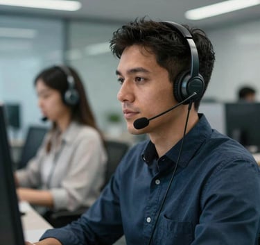 A professional South American person wearing a headset in a modern, clean call center environment, focused expression, blurred office background with steel blue and midnight blue tones.