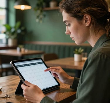 A professional social media manager in a modern North American / US restaurant setting, reviewing a content calendar on a tablet. The background features Matte Forest Green accents and warm lighting, creating a sophisticated professional atmosphere.