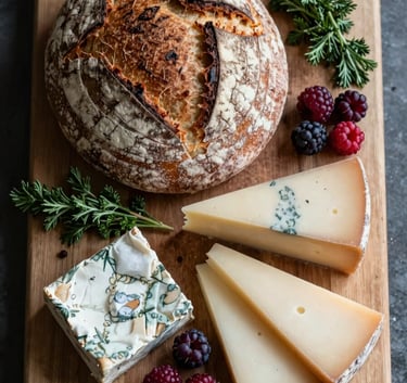A high-angle, rustic flat-lay of artisanal sourdough bread and local cheeses on a wooden board in a North American / US kitchen. Hints of Deep Ripe Crimson from fresh berries and Matte Forest Green herbs complete the composition.