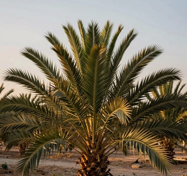 Close-up of healthy green palm fronds in a Saudi Arabian date plantation during the golden hour, deep green and brown tones, professional composition.