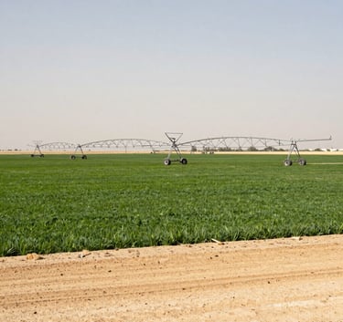 Wide shot of a modern Saudi Arabian farm using circular pivot irrigation, lush green fields contrasting with the warm tan soil, professional photography, bright daylight.