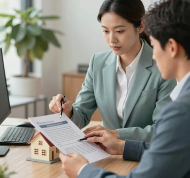 A professional office environment where a consultant and a client are reviewing housing finance documents. The scene is lit with warm, natural light and features corporate decor in #A8C9B9 and #F7F9F8, projecting trustworthiness and expertise.