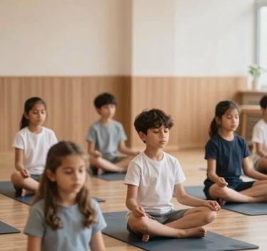 Children in a bright classroom participating in a Yoga and Veda class in Bangalore, peaceful and modern setting, professional photography, warm wooden textures in #856F5E and soft walls in #FDFBF8.