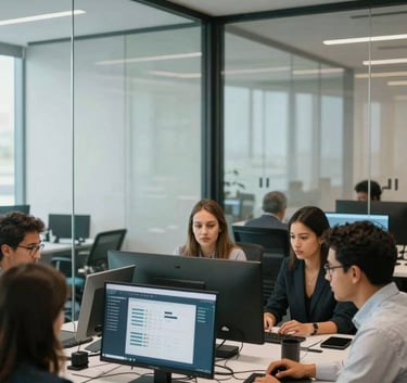 Wide shot of a sophisticated Brazilian corporate office with glass walls, showcasing a team collaborating on a custom software project in a professional atmosphere with soft white and dark teal accents.