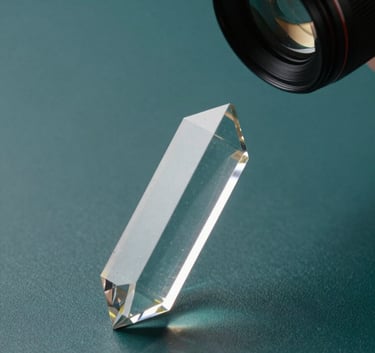 An abstract, professional composition of light refracting through a crystal prism onto a dark teal surface, representing precision and innovation in software development, South American studio lighting.