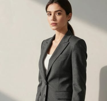 A high-end professional portrait of a woman in a North American / International executive setting. She is wearing a charcoal blazer, standing against a minimalist soft off-white background with steel blue grey shadows. The lighting is clean and soft.
