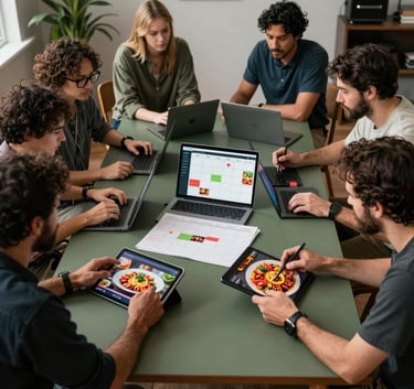 A wide shot of a professional North American content studio. A creative team is working together around a matte forest green table, planning social media calendars and looking at vibrant food photography on tablets.