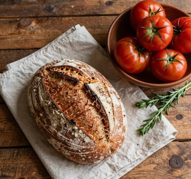 A top-down photograph of a rustic, sun-drenched wooden table in a Western setting, featuring a sliced loaf of artisanal sourdough, a bowl of deep ripe crimson tomatoes, and fresh herbs on a crisp parchment cloth.