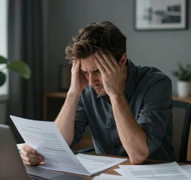 A stressed business owner looking at disorganized paperwork in a modern home office. The lighting is moody, highlighting the contrast between chaos and the potential for clarity. Color palette focuses on #1A2F3D and #96AAAC.