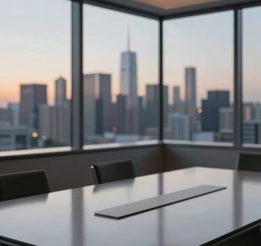 A wide shot of a modern, minimalist glass boardroom overlooking a city skyline at dusk. The interior lighting is warm, emphasizing a professional atmosphere. Subtle reflections on the table include the colors #96AAAC and #1A2F3D.