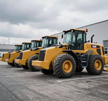 Professional shot of a line of Caterpillar wheel loaders parked on an asphalt lot in a Central European distribution center, overcast daylight, industrial B2B style.