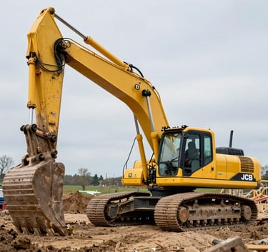 A massive yellow JCB crawler excavator working on a major construction site in the Czech countryside, cinematic lighting, industrial strength, professional photography.