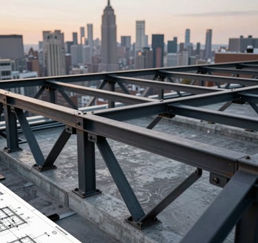 Close-up of high-tech architectural drawings for a roof truss system overlaying a blurred New York City skyline at dusk, steel black and concrete gray tones, professional photography.