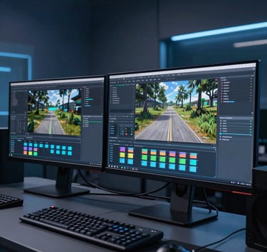 A high-end professional game development workstation in a modern North American studio, featuring multiple sleek monitors displaying complex 3D engine environments. Soft midnight blue and dark navy ambient lighting.