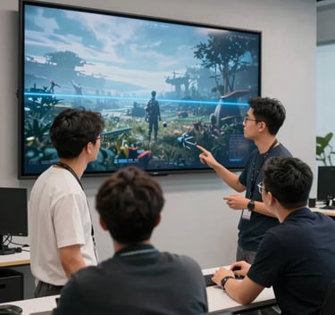 Professional North American developers collaborating in a visionary studio, looking at a large wall-mounted screen showing a cinematic game scene with horizon blue highlights. Elegant, cutting-edge atmosphere.