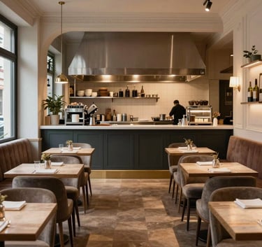 A wide-angle interior photograph of a premium, modern bistro in Prague. The space features elegant furniture, clean lines, and professional kitchen equipment visible through an open counter. The lighting is sophisticated and warm. Central European / Czech atmosphere.